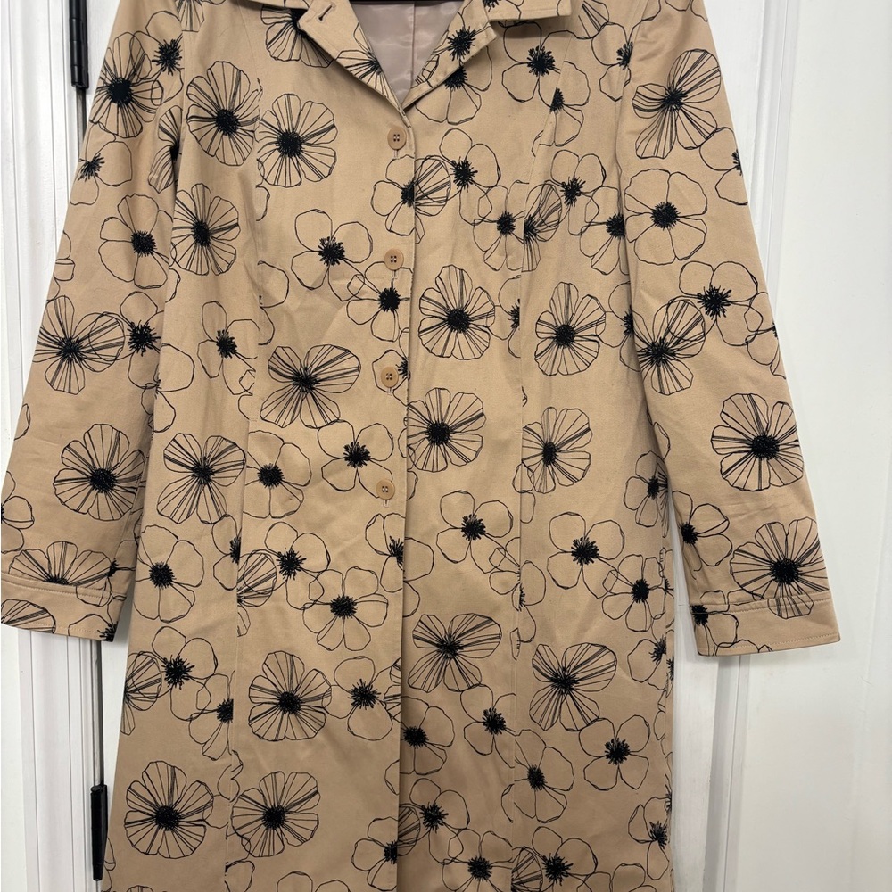 Nordstrom Beige Coat with Black Floral Pattern
